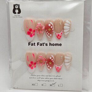 Press On Nails- 3D Flowers, Polka Dot Designs in Hot Pink/ Size Medium (10 pack)